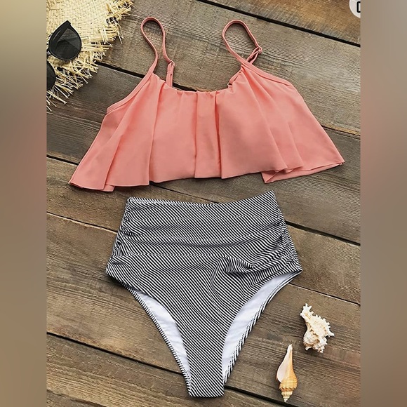 CUPSHE Pink and Stripe High Waisted Bikini Sets Sexy TankTop Swimsuit Two Pieces - Picture 3 of 8